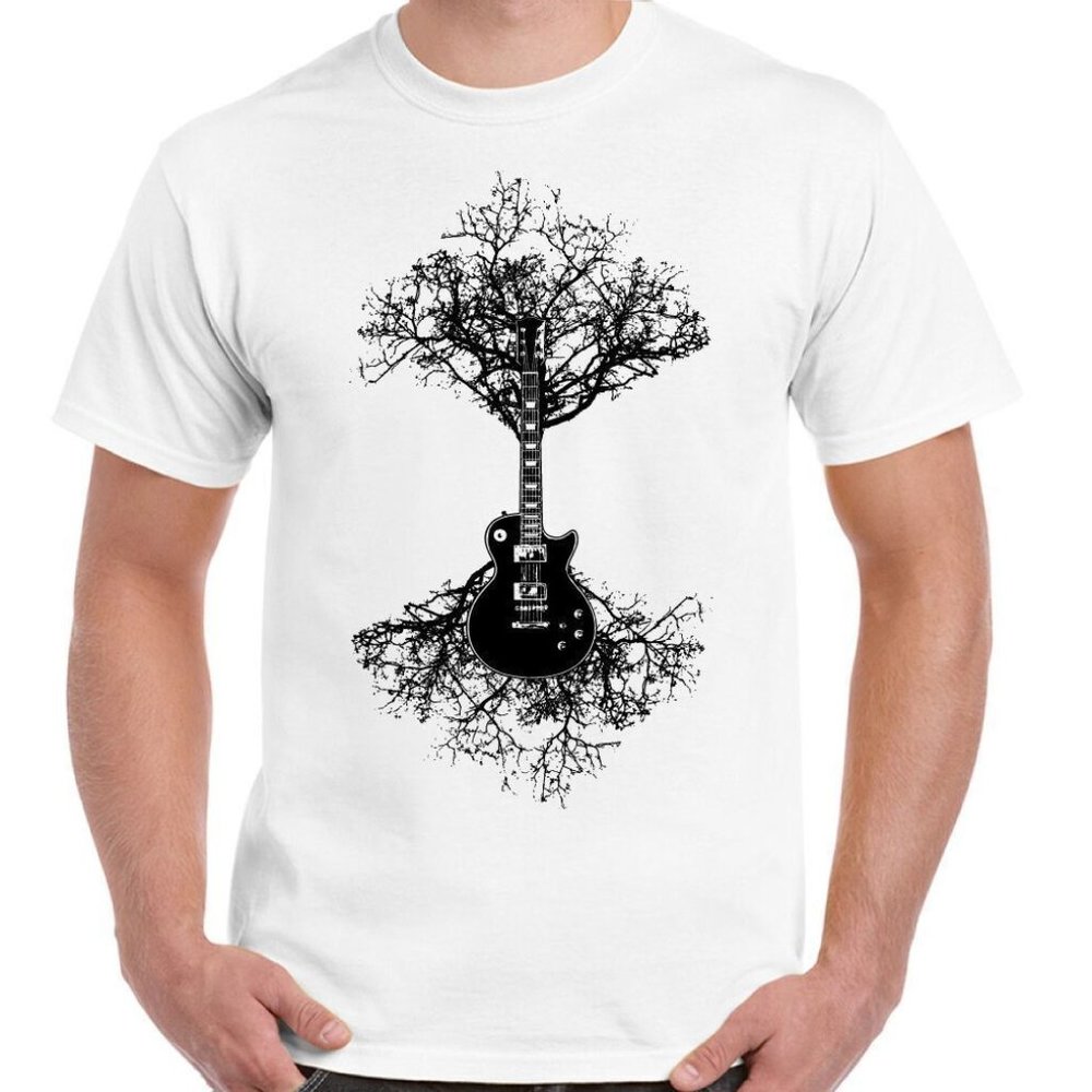 Electric Guitar white T-Shirt Tree Mens Funny Acoustic Bass Rock Music Band Stri
